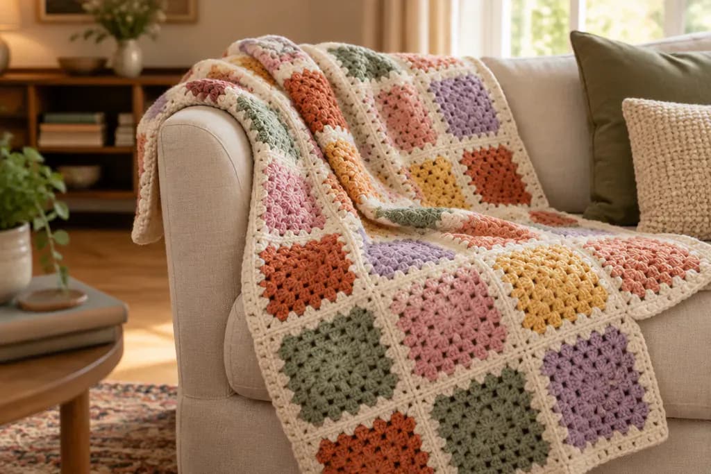 A colorful granny square blanket draped over the arm of a sofa (illustrative image)