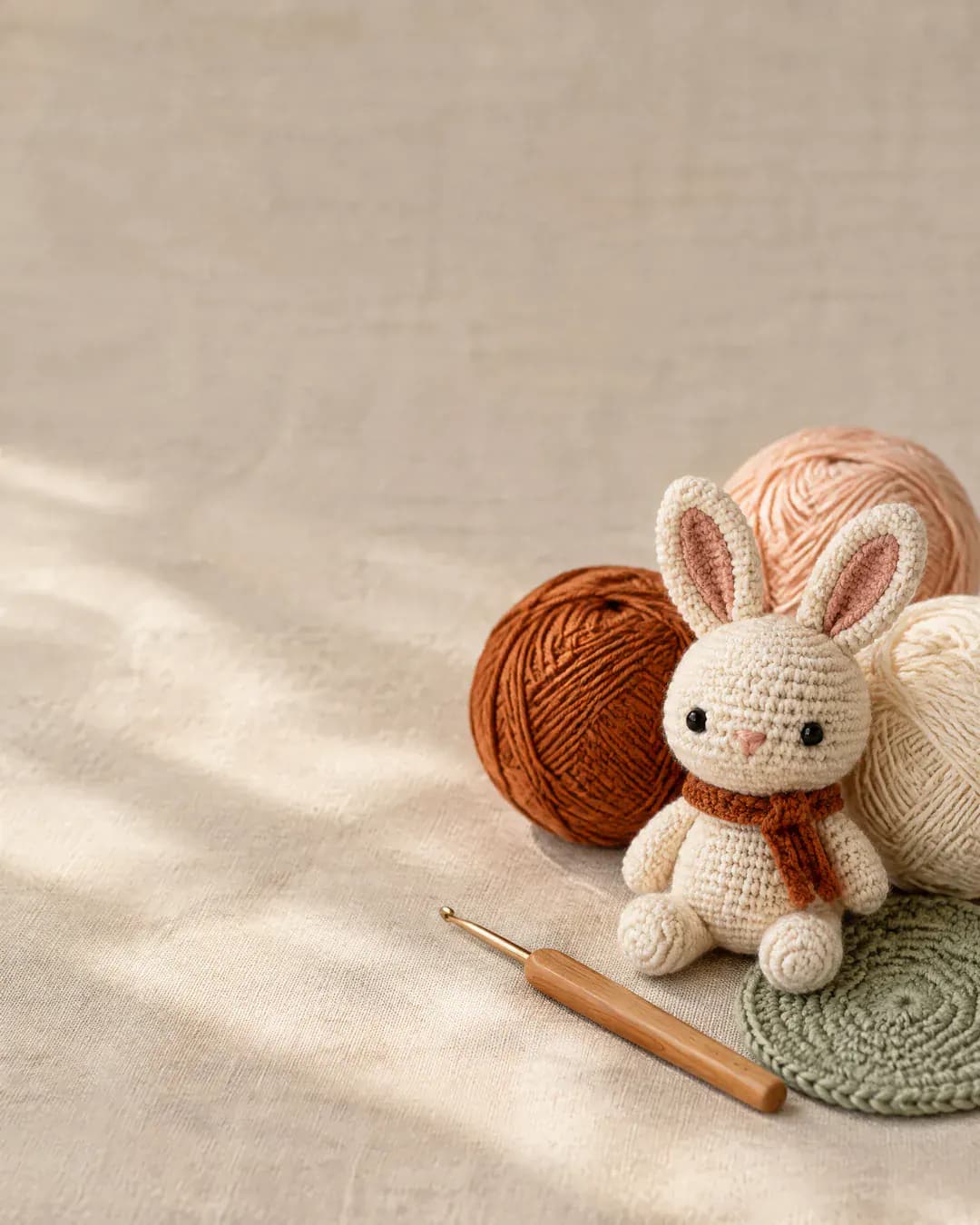Balls of cotton yarn, a crochet hook, an amigurumi bunny and a coaster on a linen tablecloth (illustrative image)