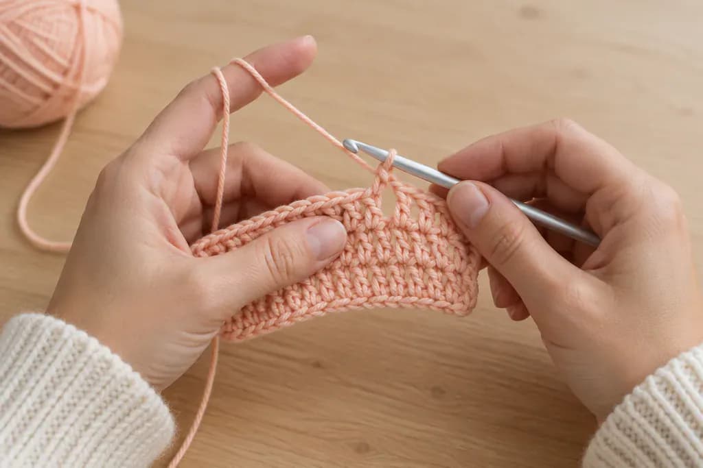 Two hands crocheting a small swatch in peach cotton yarn (illustrative image)