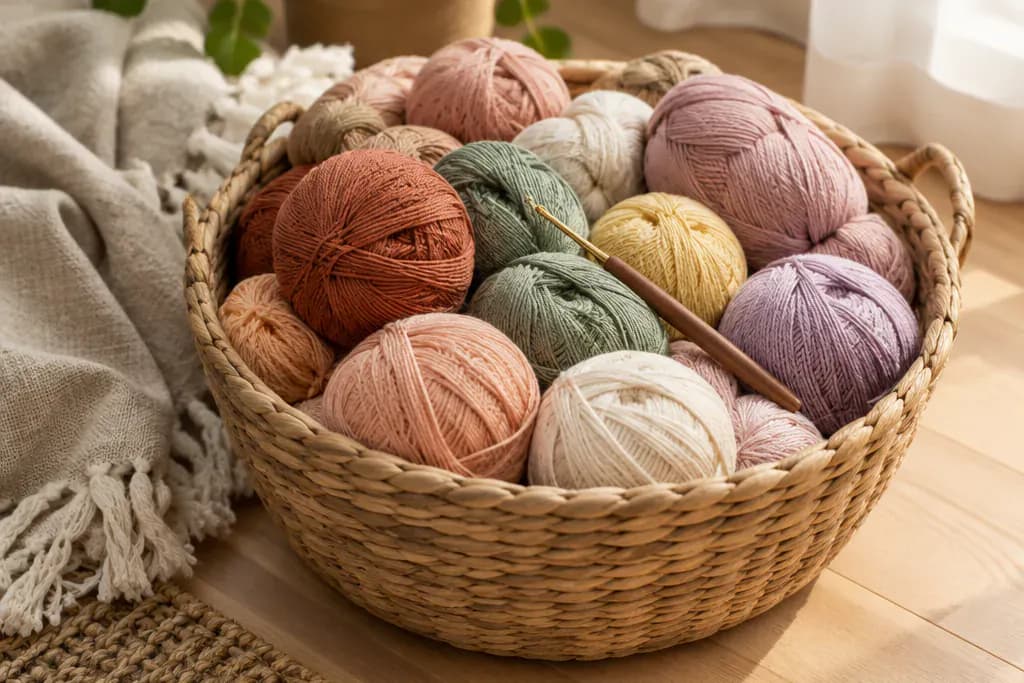 A wicker basket full of colorful yarn balls with a crochet hook resting on top (illustrative image)